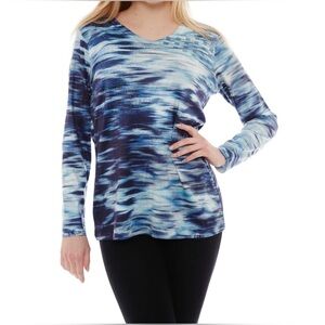 Blue Patterned V-Neck Top with Rhinestone Accents